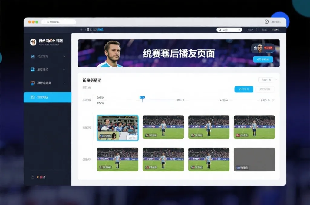 比赛结束后，电视屏幕展示集锦回放页面，旁边有时间轴和多角度切换提示